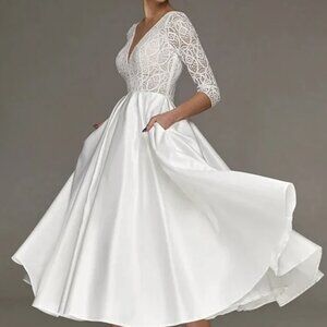 Elegant Lace V-Neck White Dress | Civil Wedding or Engagement Photo Shoot Gown